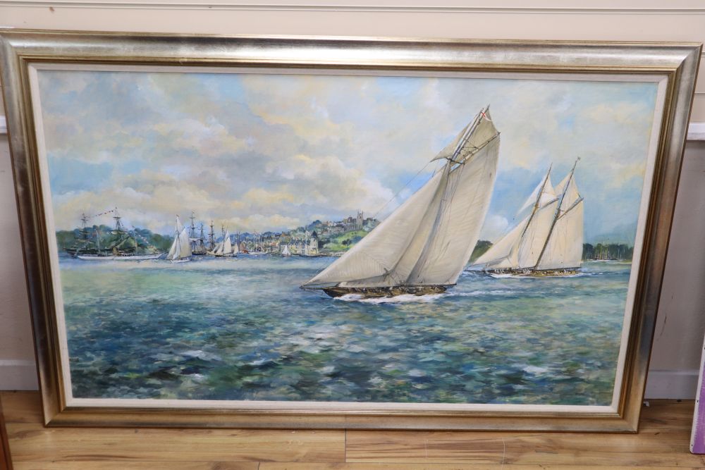 Circle of Stephen Bone, oil on canvas, Racing yachts off Cowes, signed, 89 x 149cm